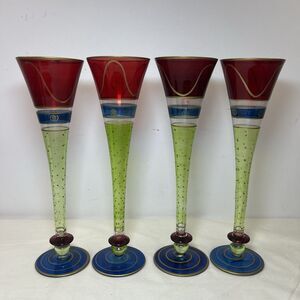 New 4 Pier 1 Imports Champagne Flute Red Blue Green Bands 10.5" Swirl Dot Gold